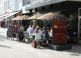 autumn, Bielefeld, bright, cafe, casual, chair, day, Deutschland, eye level view, furniture, Nordrhein-Westfalen, people, sitting, sunny, umbrella