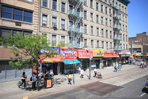 building, day, elevated, facade, Manhattan, New York, people, shop, stair, standing, street, summer, sunny, The United States, tree, vegetation, walking