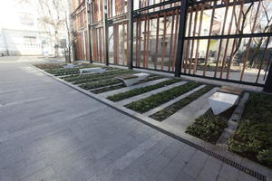 bench, courtyard, day, eye level view, garden, Krakow, Malopolskie, pavement, Poland, shady, sunny, winter