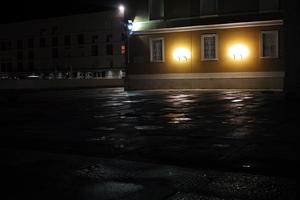 artificial lighting, building, city, Croatia, eye level view, night, pavement, pavement, paving, plaza, spring, wet, Zadar, Zadarska