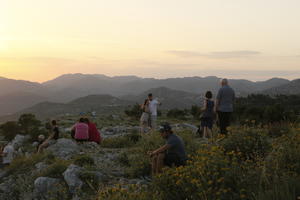 Croatia, day, Dubrovacko-Neretvanska, Dubrovnik, eye level view, group, mountain, people, sitting, standing, summer, sunset