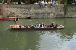 afternoon, Cambridge, canal, day, England, eye level view, gondola, group, natural light, people, sailing, sitting, spring, The United Kingdom, transport