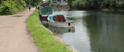 boat, canal, day, England, eye level view, London, path, spring, sunny, The United Kingdom