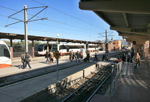 Calpe, casual, crowd, day, eye level view, people, platform, railway, Spain, station, sunny, train, Valenciana, walking