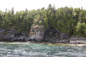 broad-leaf tree, broad-leaved tree, Canada, cliff, coniferous, day, eye level view, Ontario, seascape, summer, sunny, Tobermory, tree, treeline, woodland