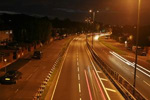 artificial lighting, car, effect, elevated, England, evening, London, road, The United Kingdom