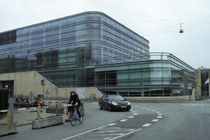 building, car, Copenhagen , cycling, day, Denmark, eye level view, facade, glass, Kobenhavn, overcast, street