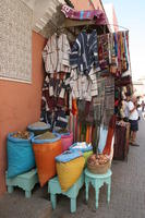 autumn, clothing, day, eye level view, food, market, Marrakech, Marrakesh, Morocco, stall, sunny