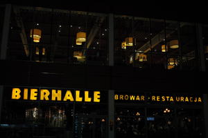 artificial lighting, eye level view, facade, Lodz, Lodzkie, night, Poland, restaurant, sign, winter