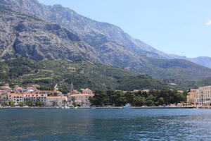 boat, coastline, Croatia, day, eye level view, Makarska, seascape, Splitsko-Dalmatinska, summer, town, tree, vegetation