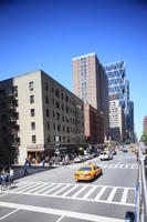 building, car, crossing, day, elevated, facade, Manhattan, New York, skyscraper, street, sunny, taxi, The United States