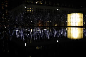 artificial lighting, city, city, city lights, cityscape, England, eye level view, London, night, pavilion, pond, The United Kingdom, winter