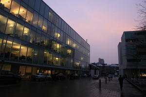 artificial lighting, building, dusk, England, eye level view, facade, London, office, The United Kingdom