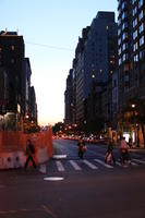 artificial lighting, crossing, dusk, eye level view, Manhattan, New York, street, The United States