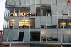 artificial lighting, building, dusk, England, evening, eye level view, facade, London, office, spring, The United Kingdom