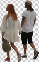 ambient light, back, casual, caucasian, couple, cutout, cutout couples, cutout people, day, eye level view, summer, walking