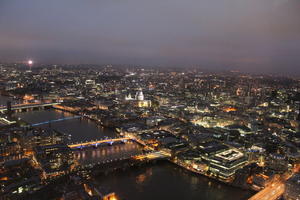 aerial view, artificial lighting, city, city lights, diffuse, diffused light, England, evening, London, river, The United Kingdom, urban, winter