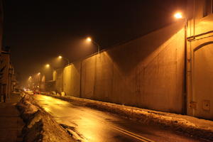 artificial lighting, eye level view, night, Poland, road, snow, wall, Wielkopolskie, winter