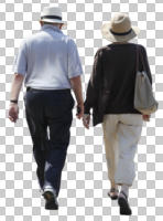 back, casual, caucasian, couple, cutout, cutout couples, cutout people, day, elderly, eye level view, summer, sunny, walking