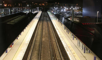 artificial lighting, elevated, England, London, night, platform, railway, spring, station, The United Kingdom