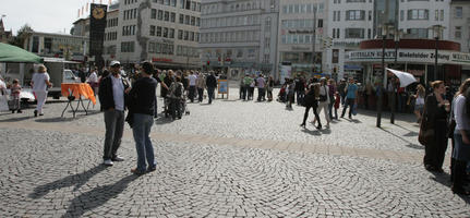 autumn, Bielefeld, bright, casual, crowd, day, Deutschland, eye level view, Nordrhein-Westfalen, pavement, people, standing, street, sunny, walking