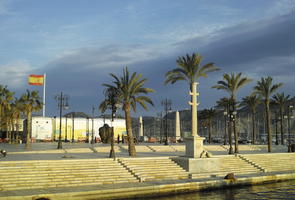 Cartagena, day, eye level view, Murcia, overcast, palm, plaza, seating, Spain, sunset, urban