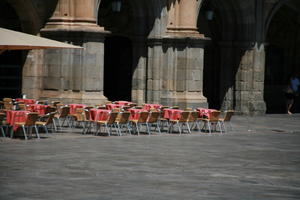 cafe, Castilla y Leon, chair, day, eye level view, plaza, Salamanca, Spain, summer, sunlight, sunny, sunshine, table