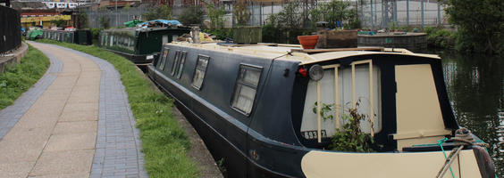 boat, canal, day, England, eye level view, London, path, spring, sunny, The United Kingdom