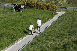 afternoon, boy, day, Edinburgh, elevated, grass, group, natural light, park, path, people, Scotland, spring, The United Kingdom