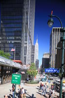 building, day, elevated, facade, Manhattan, New York, people, skyscraper, standing, street, summer, sunny, The United States, walking