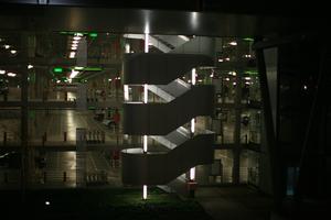 artificial lighting, eye level view, Madrid, parking, Spain, spiral staircase