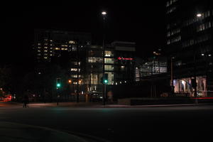 artificial lighting, building, city lights, England, eye level view, London, night, spring, street, The United Kingdom, tower, traffic light, urban