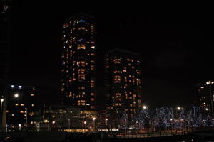 artificial lighting, building, city, city, city lights, cityscape, England, eye level view, housing block, London, night, residential, The United Kingdom, tower, winter