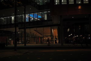 artificial lighting, building, England, eye level view, lobby, London, night, office, spring, street, The United Kingdom, urban