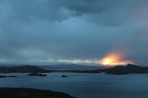 eye level view, lake, mountain, overcast, Peru, Puno, sunset, winter