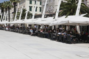 cafe, canopy, casual, Croatia, day, eye level view, furniture, parasol, pavement, people, plaza, sitting, Split, Splitsko-Dalmatinska, square, summer, summer, sunny