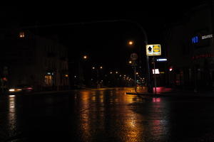 artificial lighting, city lights, eye level view, Kalisz, night, outdoor lighting, Poland, street, urban, wet, Wielkopolskie, winter