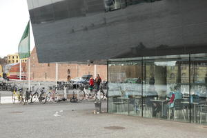 bicycle, Copenhagen , day, Denmark, eye level view, facade, glass, Kobenhavn, overcast, restaurant, winter