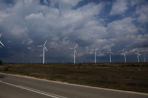 Bulgaria, day, eye level view, field, overcast, road, Varna, wind turbine