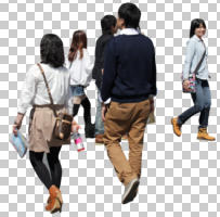 asian, back, casual, cutout, cutout groups, cutout people, day, eye level view, group, spring, sunny, walking