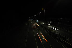 artificial lighting, car lights, city lights, elevated, England, evening, London, night, outdoor lighting, road, The United Kingdom, urban, winter