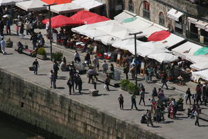 cafe, crowd, day, direct sunlight, elevated, people, Porto, Porto, Portugal, promenade, spring, sunny, umbrella, walking