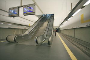 artificial lighting, Calpe, display, escalator, eye level view, indoor lighting, interior, platform, Spain, station, steps, underground, Valenciana