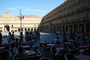 cafe, Castilla y Leon, day, eye level view, group, people, plaza, Salamanca, sitting, Spain, summer, sunlight, sunny, sunshine