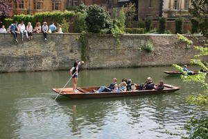 afternoon, Cambridge, canal, day, England, eye level view, gondola, group, natural light, people, sailing, sitting, spring, The United Kingdom, transport