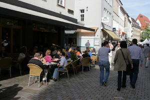 autumn, Bielefeld, bright, cafe, casual, chair, day, Deutschland, eye level view, furniture, Nordrhein-Westfalen, people, shady, sitting, sunny, umbrella, walking