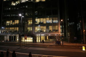 artificial lighting, elevated, England, facade, glass, London, night, office, office building, outdoor lighting, street, The United Kingdom, winter