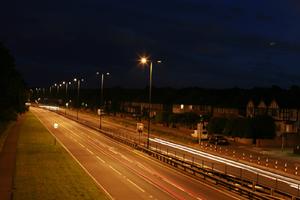 artificial lighting, elevated, England, evening, grass, London, road, The United Kingdom