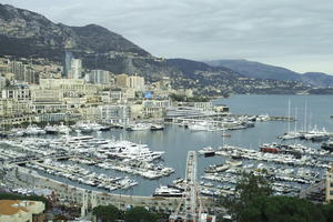 afternoon, boat, building, cityscape, cliffs, cloudy, day, elevated, facade, harbour, looking down, Monaco, Monaco Race Track, Monte Carlo, Monte-Carlo, mountain, overcast, seascape, sun glare, top-down perspective, winter, yacht