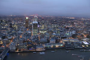 aerial view, artificial lighting, city, city lights, diffuse, diffused light, England, evening, London, river, The United Kingdom, urban, winter